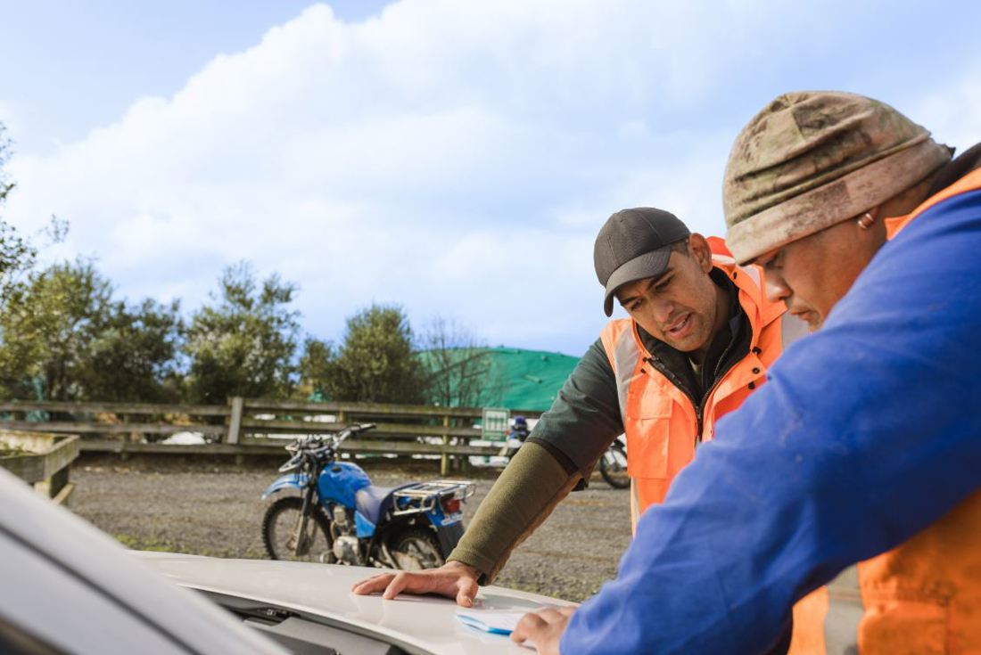 Dairy farm workers in high visibility clothing, leaning on a ute to read a DairyNZ guide
