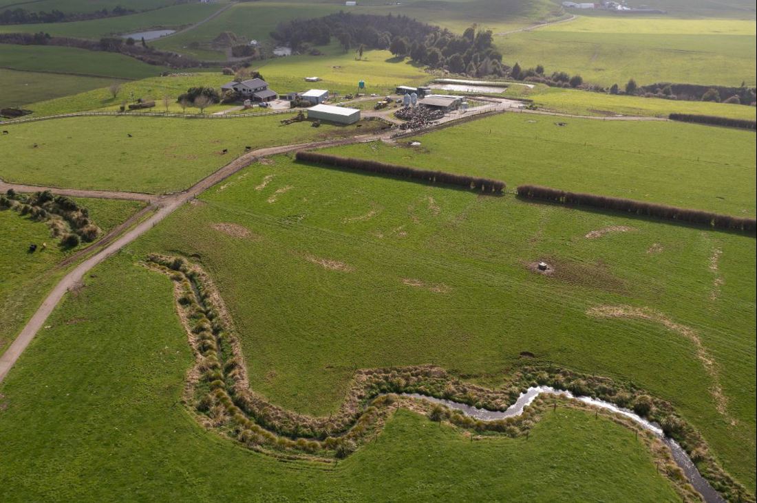 An aerial photo of a New Zealand dairy farm
